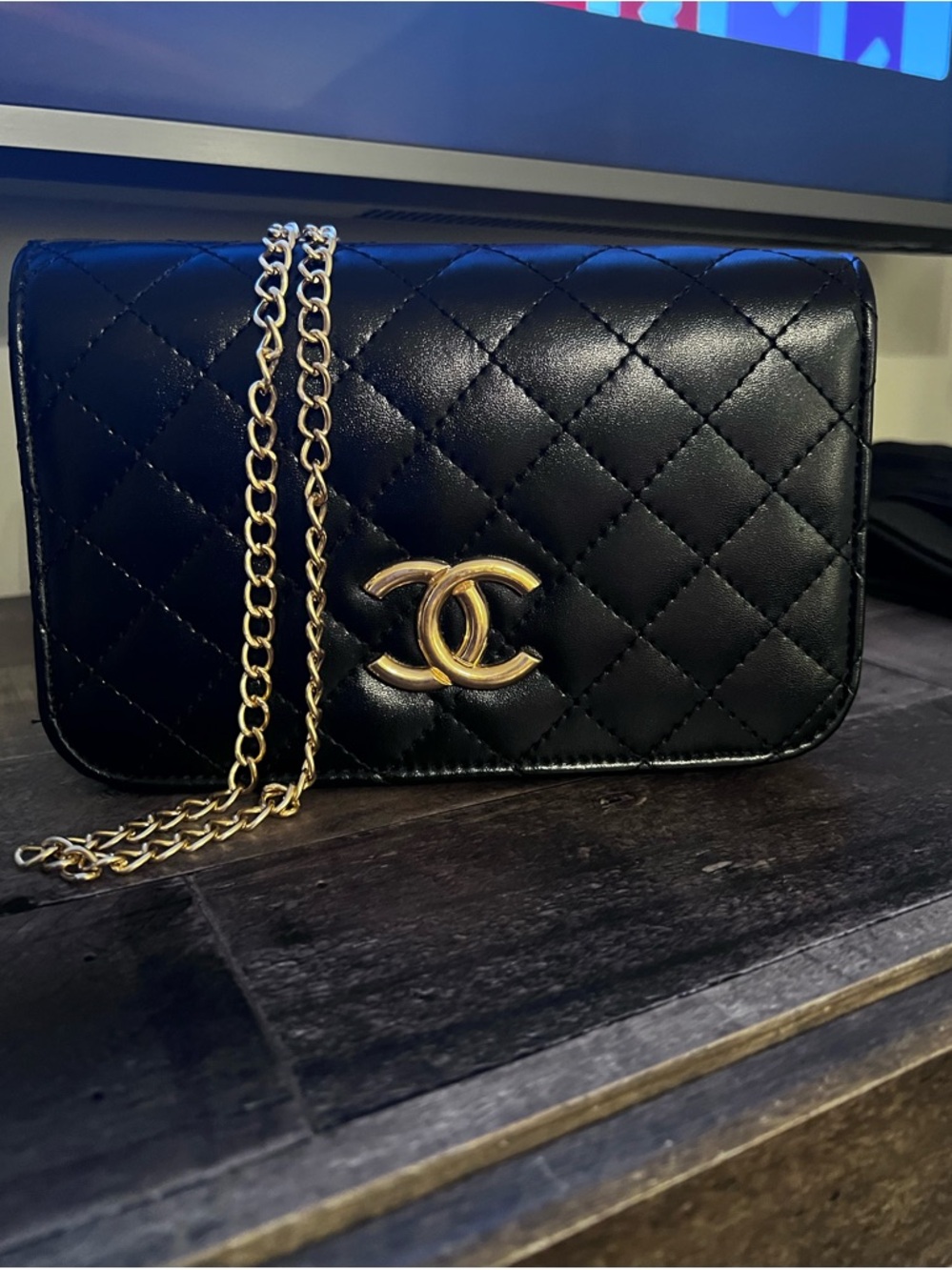 CC  GWP from the beauty line Black Quilted Leather Crossbody with Gold Chain